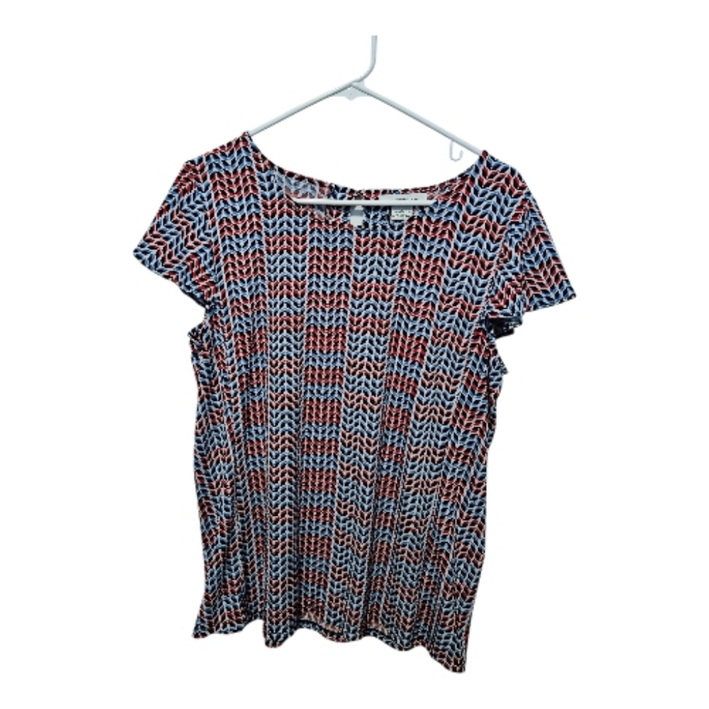 Liz Claiborne Womens Short Sleeve Top Size Large Red Blue Abstract Print Stretch